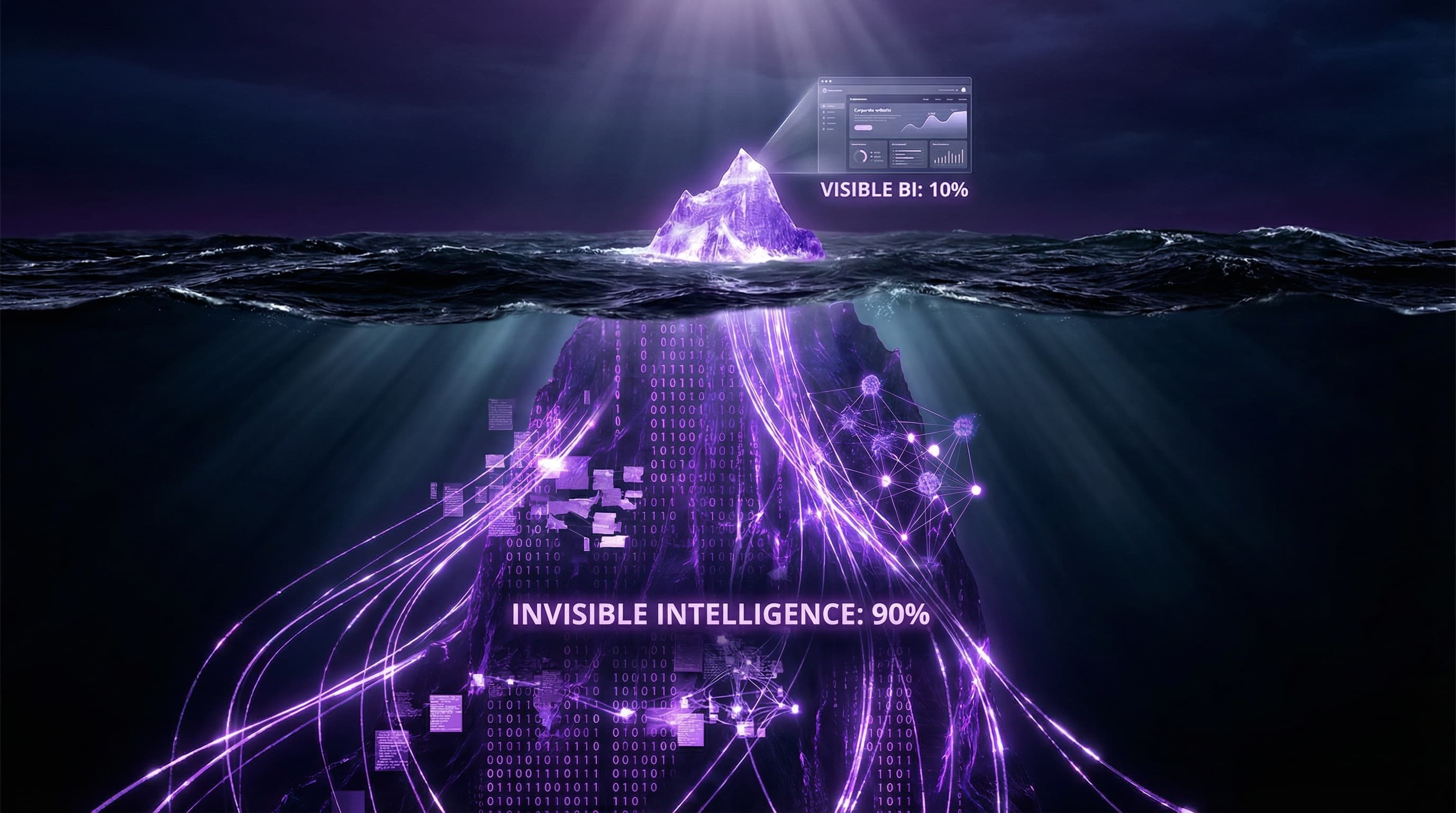 A glowing purple digital iceberg in a dark ocean — representing the vast invisible data layer beneath every business